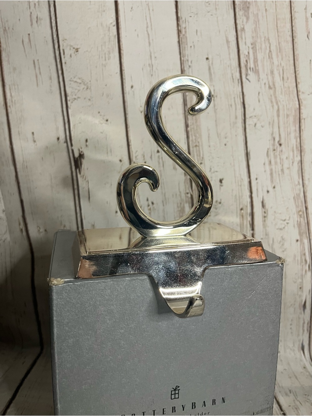 Pottery Barn Silver Tone Metal Letter S Stocking Holder Christmas Box